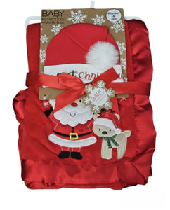 Baby's First Christmas Red Santa & Reindeer Baby Blanket and Santa Hat