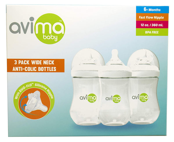 Avima - Anti Colic Infant Bottles, BPA Free, Wide Neck with Fast Flow Nipples - 12oz
