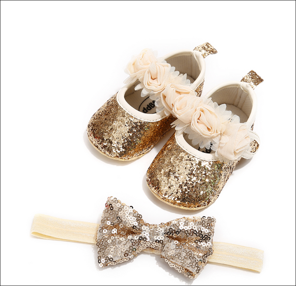 Princess Dress Shoes with Headband for Newborn - Gold
