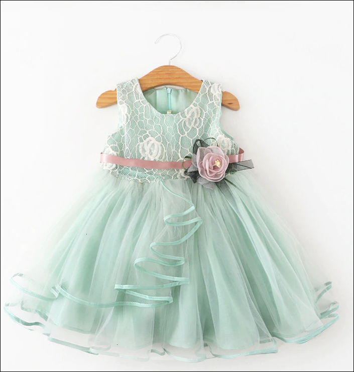 Girls Flower Lace Tulle Dress - Green