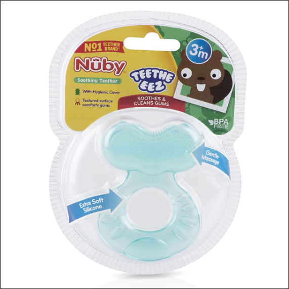 Nuby Silicone Teethe-eez Teether with Bristles, Includes Hygienic Case - Blue