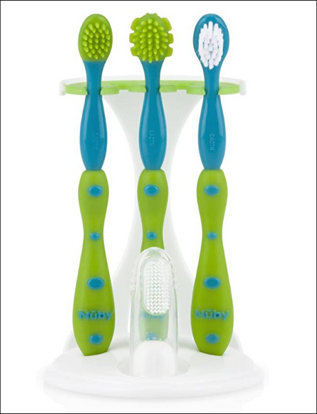 Nuby 4-Stage Oral Care Set with 1 Silicone Finger Massager, 2 Massaging Brushes, 1 Nylon Bristle Toddler Tooth Brush