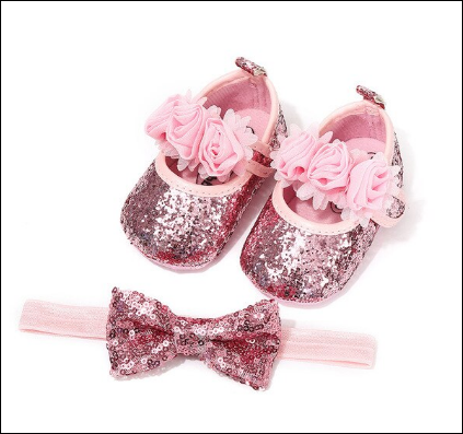 Princess Dress Shoes with Headband for Newborn - Pink